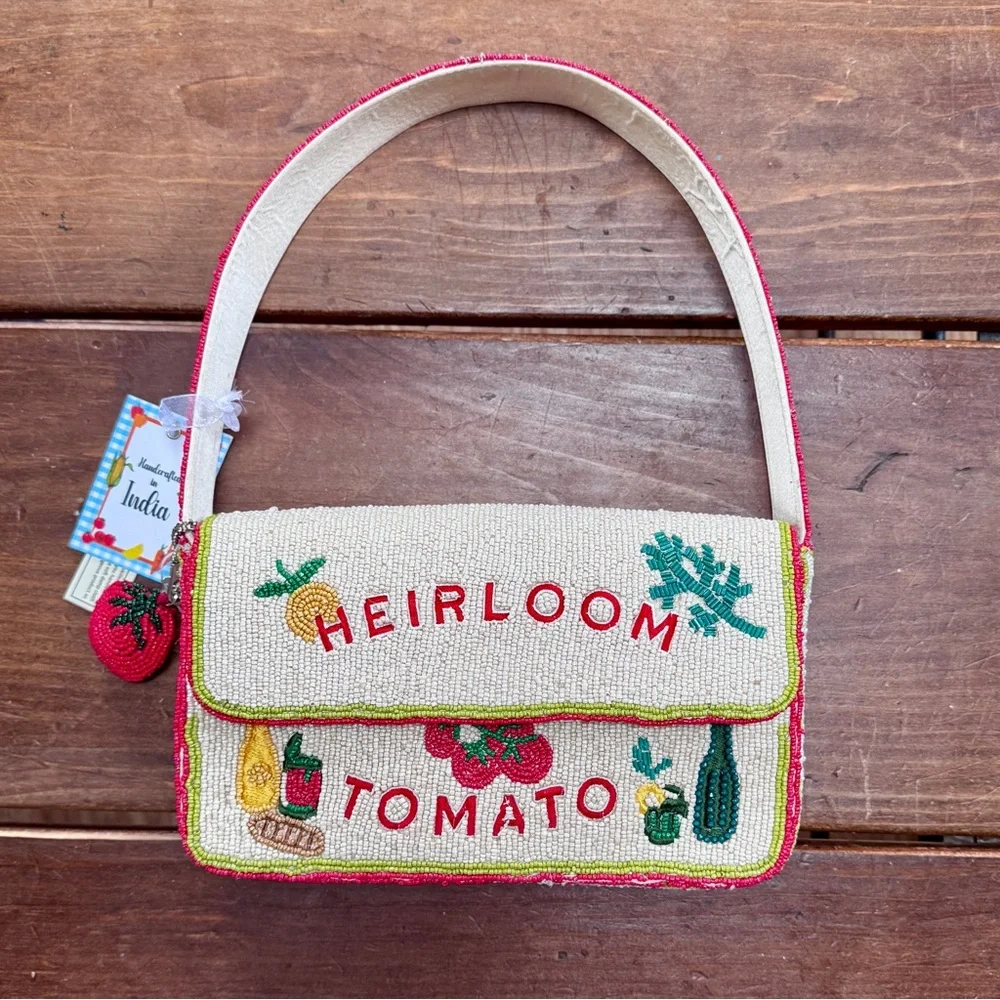 Heirloom Tomato Beaded Shoulder Bag - Cream with Tomato Bag Charm - Picture 9 of 13